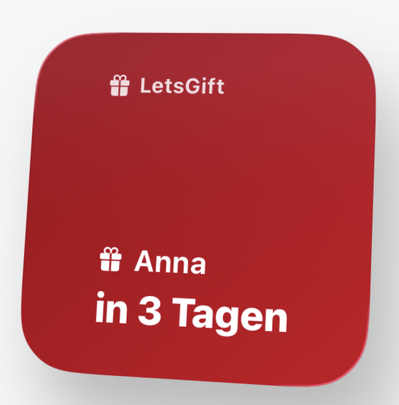 LetsGift Home-Screen-Widget in klein: zeigt die nächste Person mit Countdown bis zum Geburtstag.